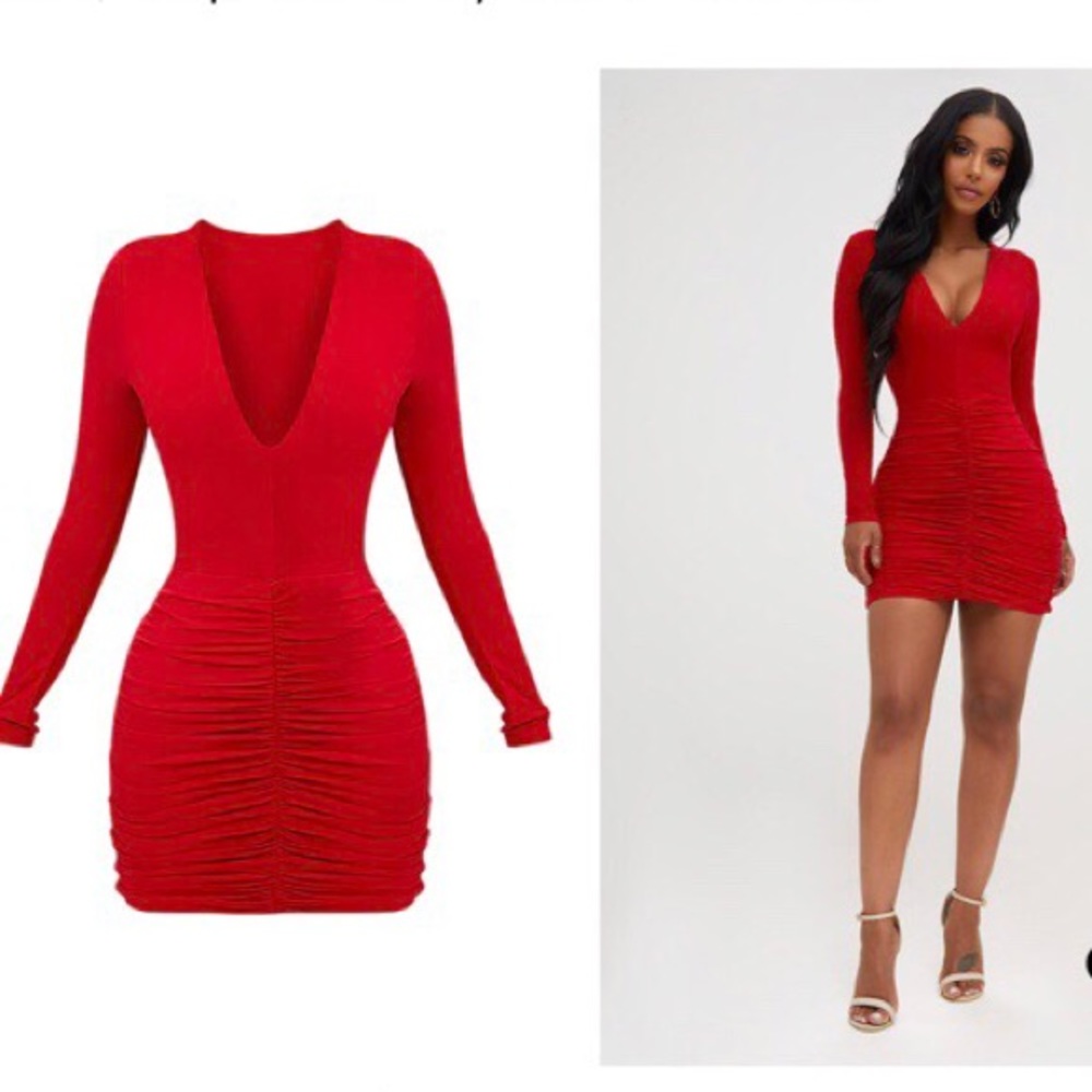 Pretty little thing shape red slinky ruched mini dress, size 12